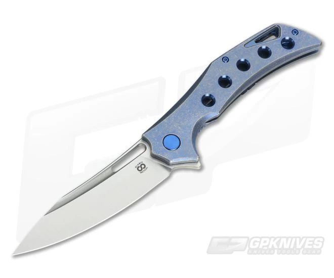 Olamic Cutlery Swish Flipper Blue Stonewash Holes Ti Satin Elmax