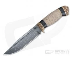 Olamic Cutlery Voykar HT Stacked Birch Bronze Fittings Damascus Fixed Blade