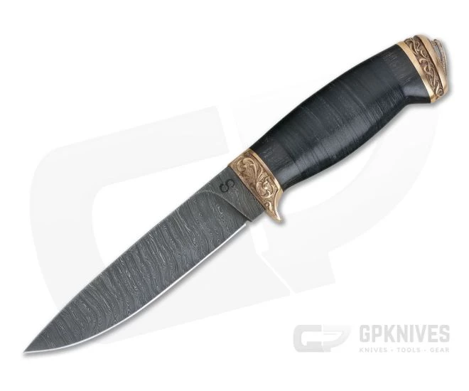 Olamic Cutlery Suna Stacked Leather Bronze Fittings Damascus Fixed Blade