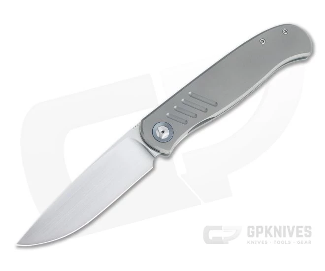 Burger Custom Atlas SFL Drop Point Satin Elmax Grooved Gray Titanium Frame Lock Front Flipper 4495