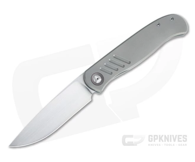 Burger Custom Atlas SFL Drop Point Satin Elmax Grooved Gray Titanium Frame Lock Front Flipper 4496